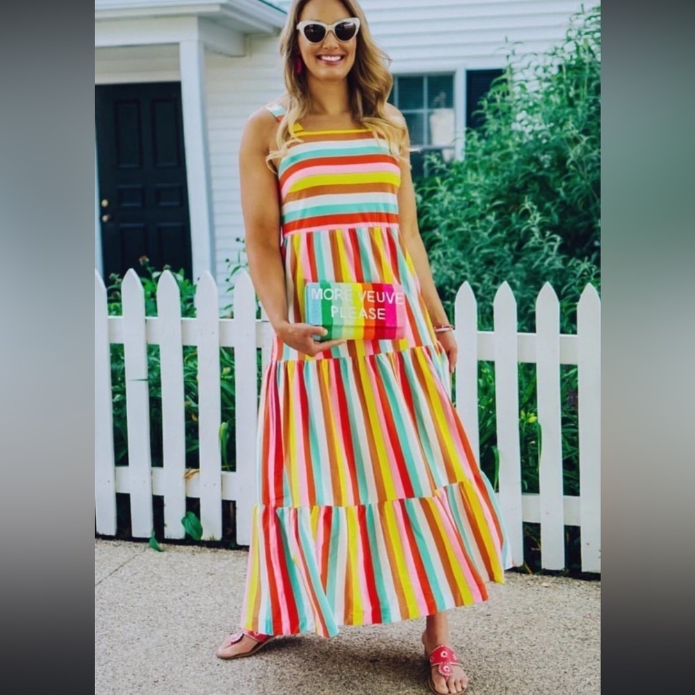 J Crew Tiered Maxi Dress in Rainbow Stripe Square Neck Knit Jersey Size Small S - Picture 11 of 16